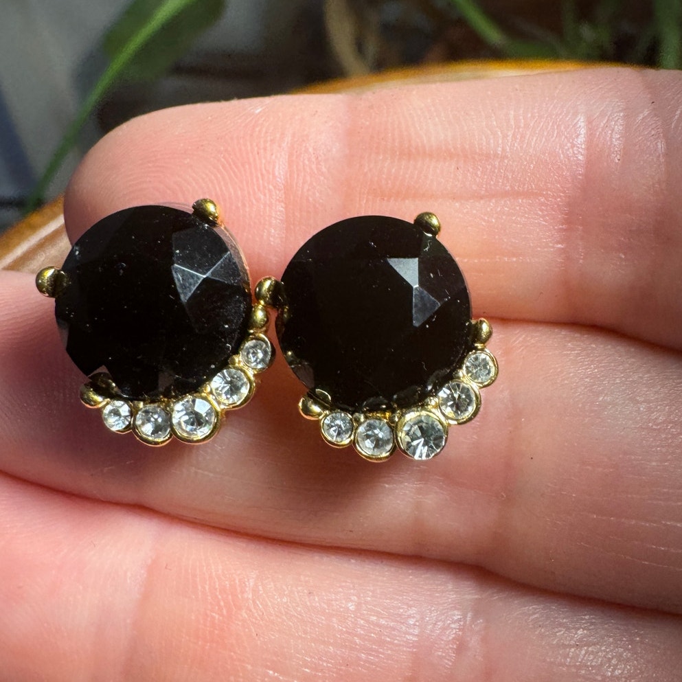 Vintage Earrings, Gold Tone, Black Plastic Cabochon